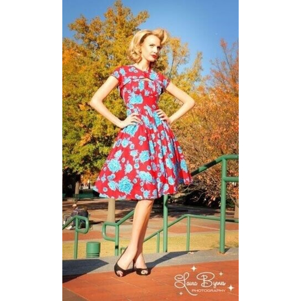 Pinup Couture Evelyn Cocktail Dress Large Red Blue Rose Floral Jacket Shrug 2pc